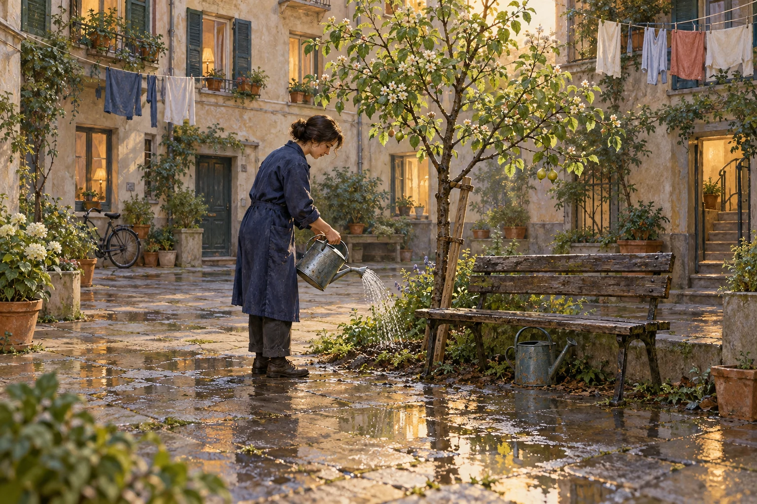 A woman waters a young pear tree beside a weathered communal bench and a second watering can in a rain-wet apartment courtyard